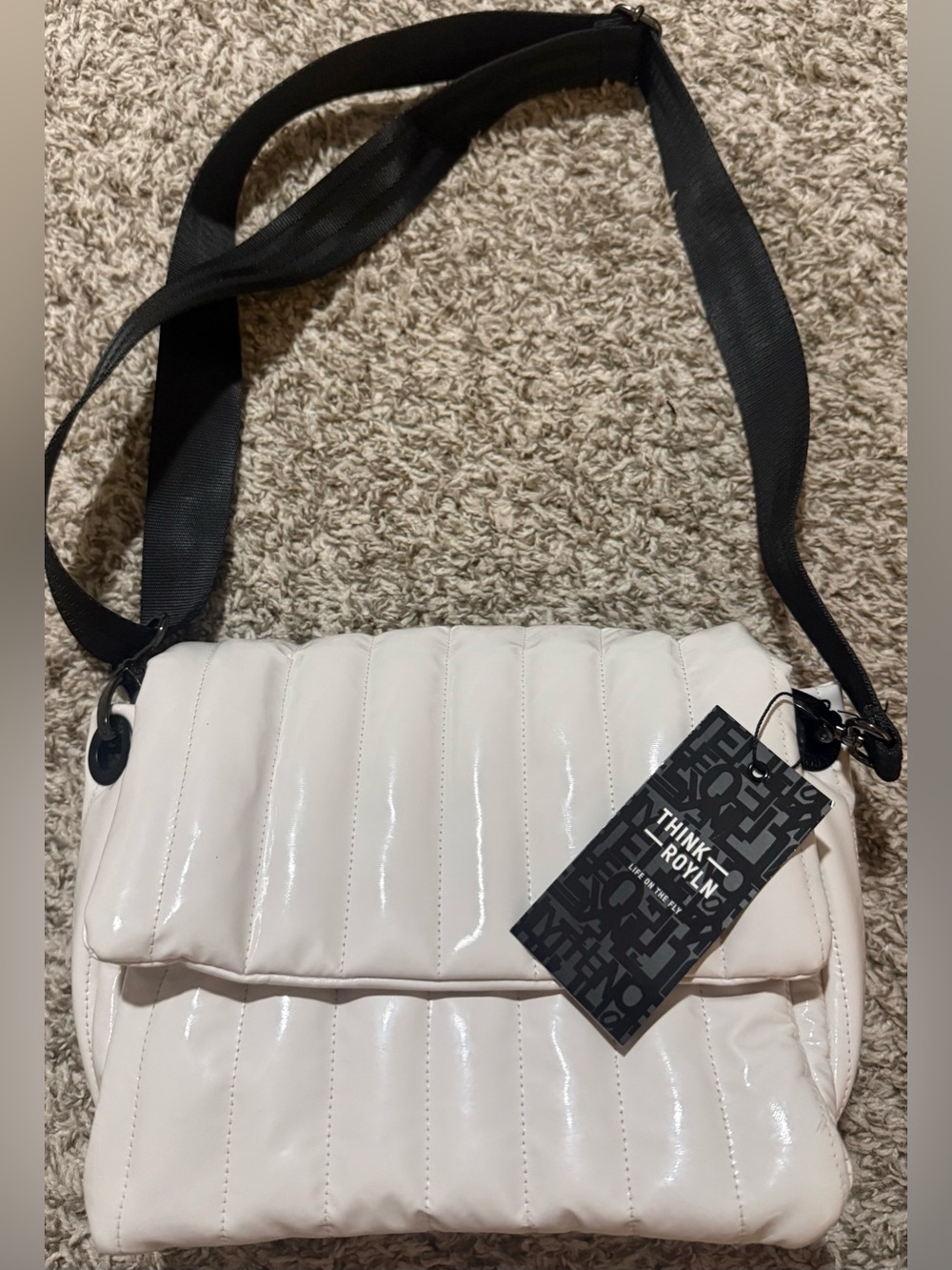 NWT THINK ROYLN White Quilted Patent Crossbody with Black Strap